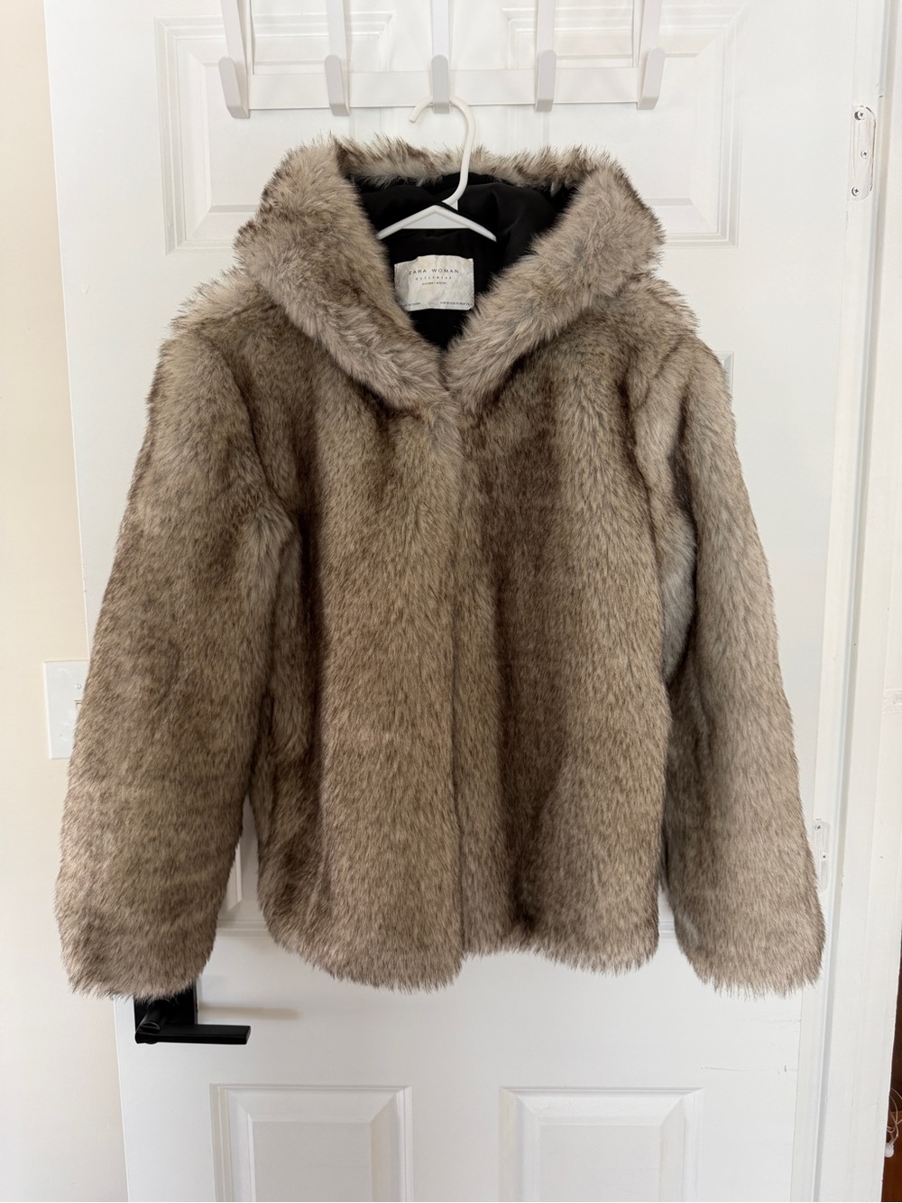 Zara Taupe Soft Faux Fur Teddy Jacket with Hood